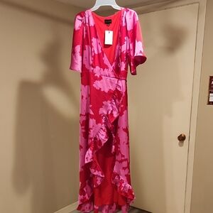 Sugarlips Hot Pink and Light Pink Floral Ruffle Wrap Maxi Dress